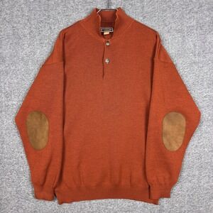 Patrick James Sweater Mens XL Orange Merino Wool 1/4 Button Elbow Patch Pullover
